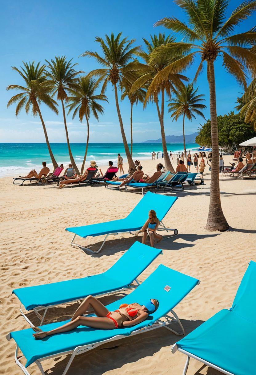A vibrant beach scene depicting diverse consumers enjoying swimwear under a bright sun, with a digital screen showcasing trendy swimwear ads in the background. Include splashes of turquoise waves, sun loungers, and palm trees, while capturing a joyful and engaging atmosphere. Emphasize color and energy, highlighting the fusion between beach life and digital marketing. super-realistic. vibrant colors. beach theme.
