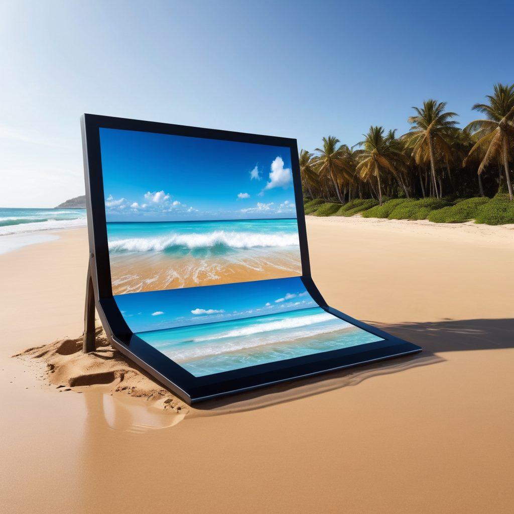A vibrant beach scene showcasing diverse swimwear advertisements on digital screens integrated into the landscape, with people of different backgrounds joyfully interacting with their devices. The ocean waves symbolize connectivity as they crash against the shore, while colorful swimwear floats in the air, emphasizing transformation in advertising. Bright sunlight and a blue sky enhance the lively atmosphere. super-realistic. vibrant colors.